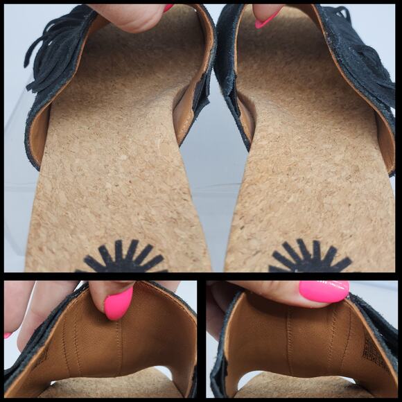 Ugg Sandals 8 Black Suede Leather Fringe Boho Peep Toe Wedges Mules Espadrille - Picture 12 of 14